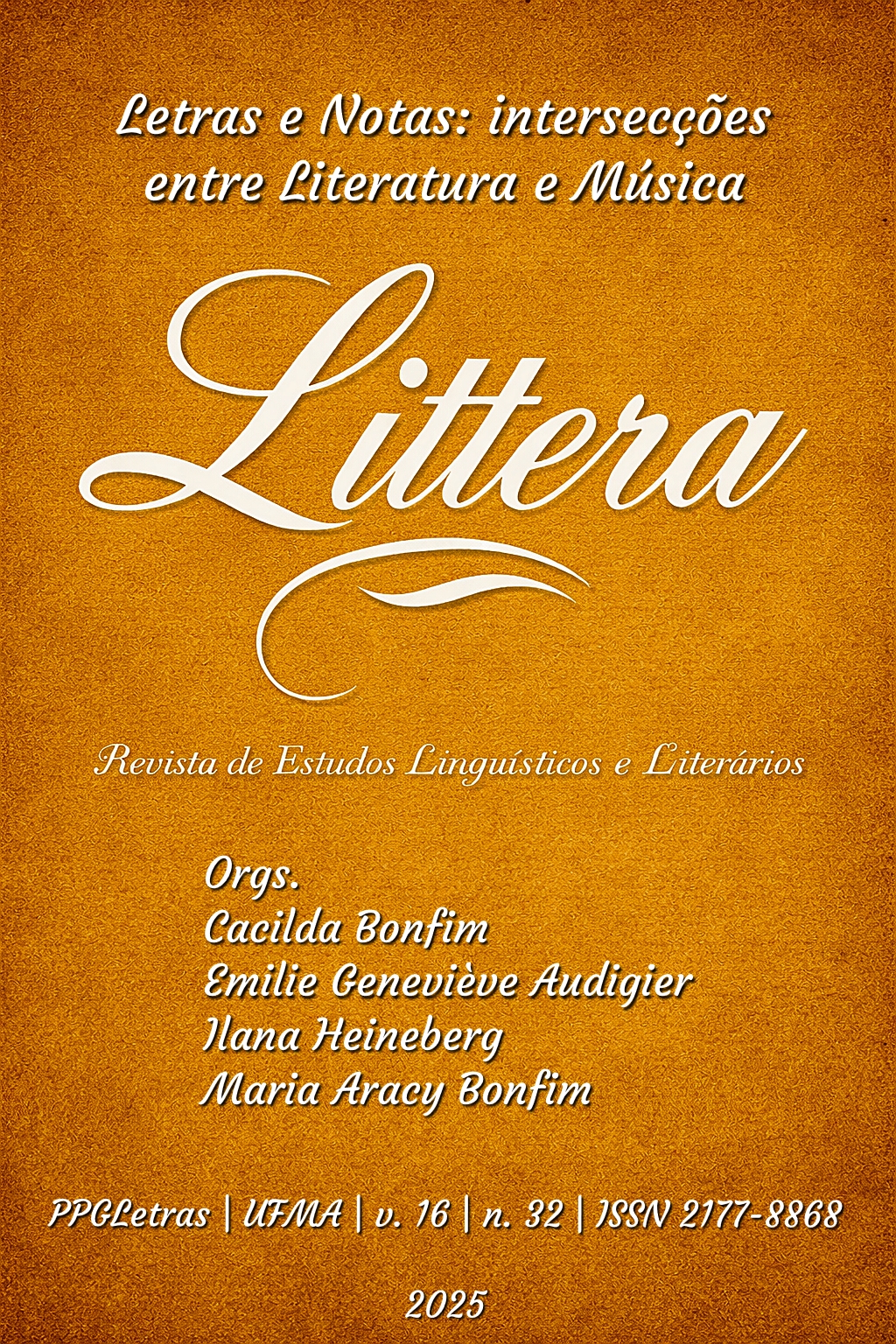 Capa da Revista Littera com informações da edição de 2025 de Literatura. Cor de fundo amarelo queimado.